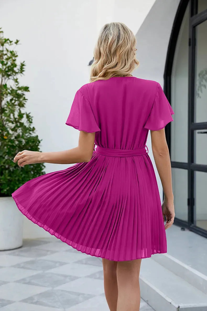 Surplice Neck Tie Waist Flutter Sleeve Pleated Dress Casual Dresses - Tophatter Daily Deals